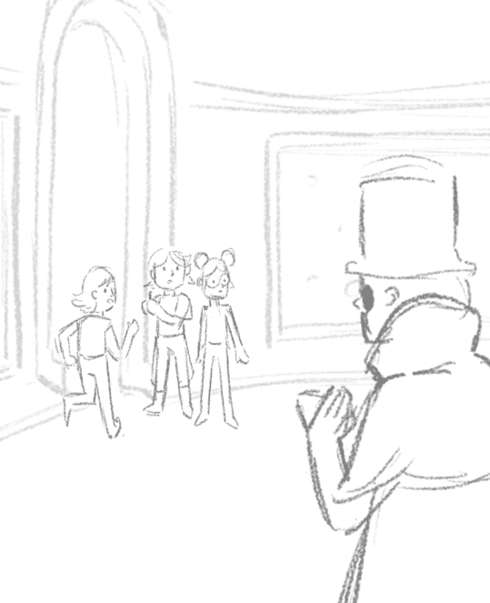 Storyboard sketch of Dr. Noir cornering the Guardians