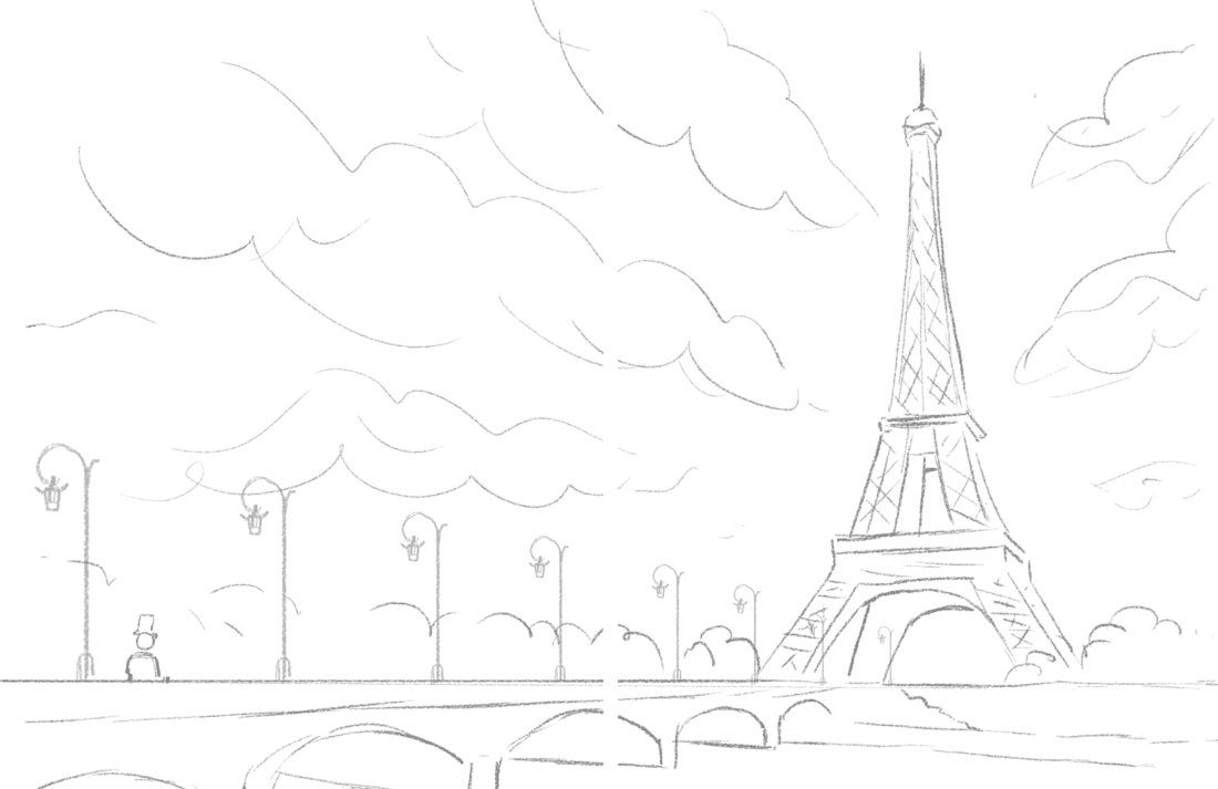 Early pencil storyboard of Paris